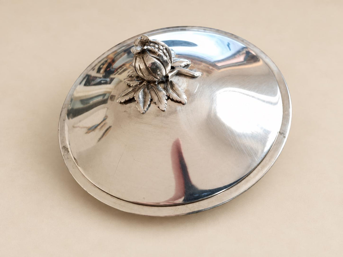 Silver-Plated Lidded Bonbonnière, Pomegranate Finial, Footed Bowl — Europe, Vintage
