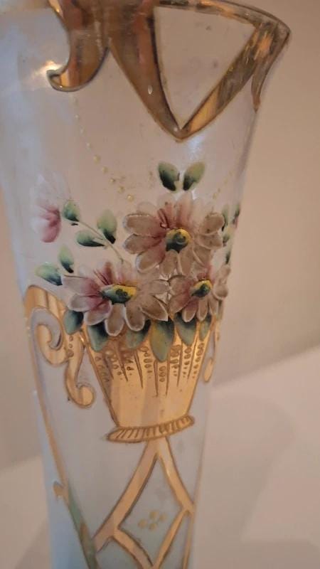 Pair of Antique Art Nouveau Enamelled Glass Vases, Floral Basket and Gilt Arabesques — Europe, circa 1900