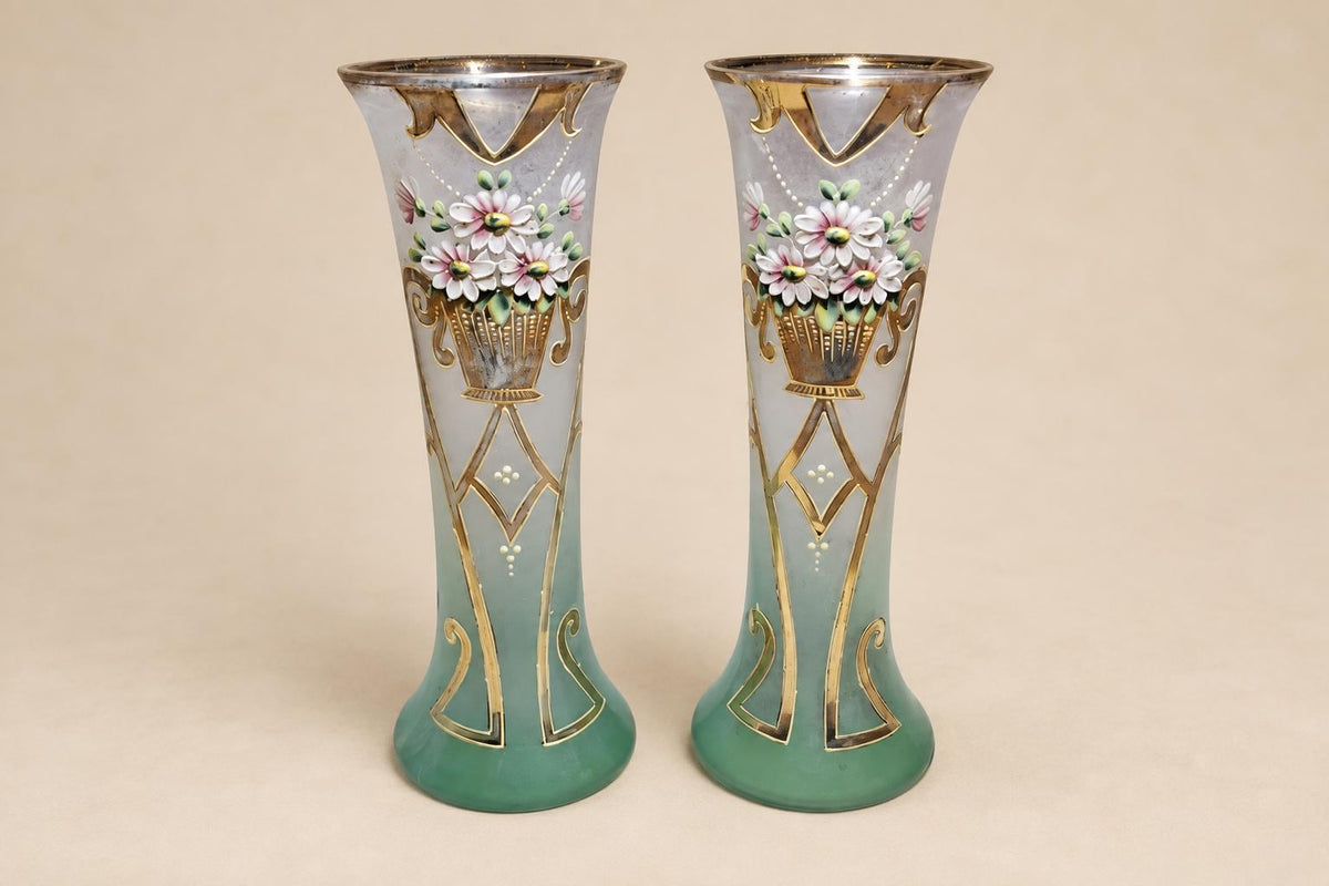 Pair of Antique Art Nouveau Enamelled Glass Vases, Floral Basket and Gilt Arabesques — Europe, circa 1900