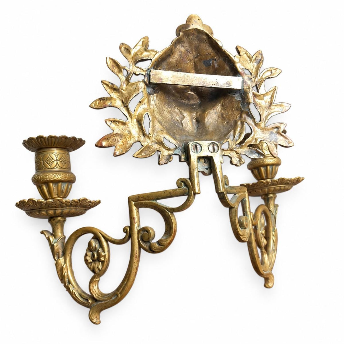 Pair of Antique French Bronze Wall Sconces, Renaissance Style Lion Mask and Wreath — France, 19th Century