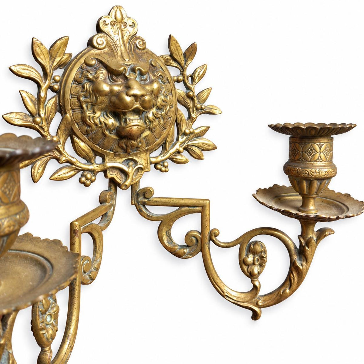 Pair of Antique French Bronze Wall Sconces, Renaissance Style Lion Mask and Wreath — France, 19th Century
