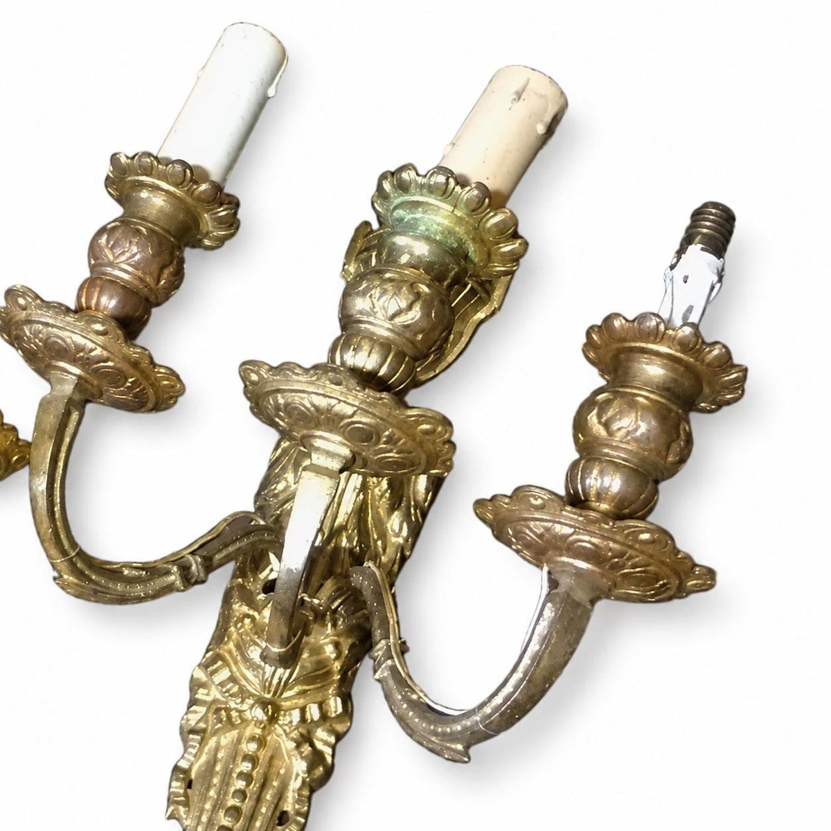 Pair of Antique French Gilt Bronze Three-Arm Wall Sconces, Louis XVI Style — France, 19th Century