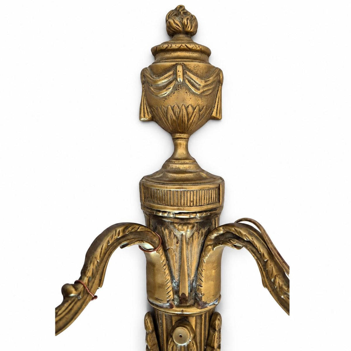Pair of Antique French Bronze Two-Arm Wall Sconces, Louis XVI Quiver and Urn — France, Early 20th Century