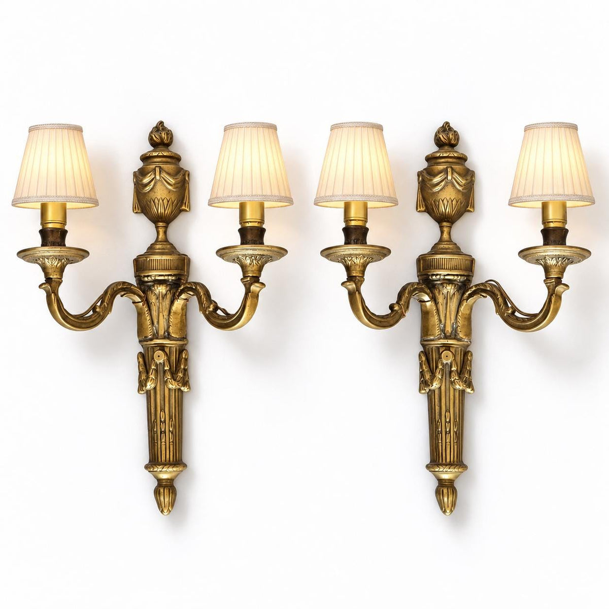 Pair of Antique French Bronze Two-Arm Wall Sconces, Louis XVI Quiver and Urn — France, Early 20th Century