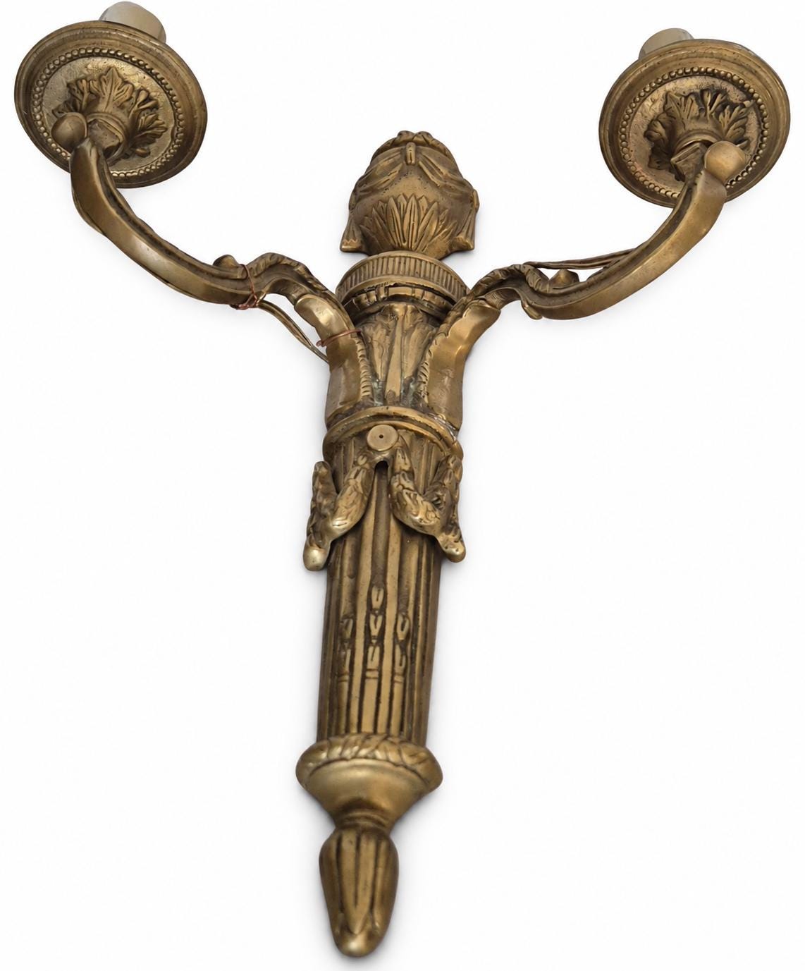 Pair of Antique French Bronze Two-Arm Wall Sconces, Louis XVI Quiver and Urn — France, Early 20th Century