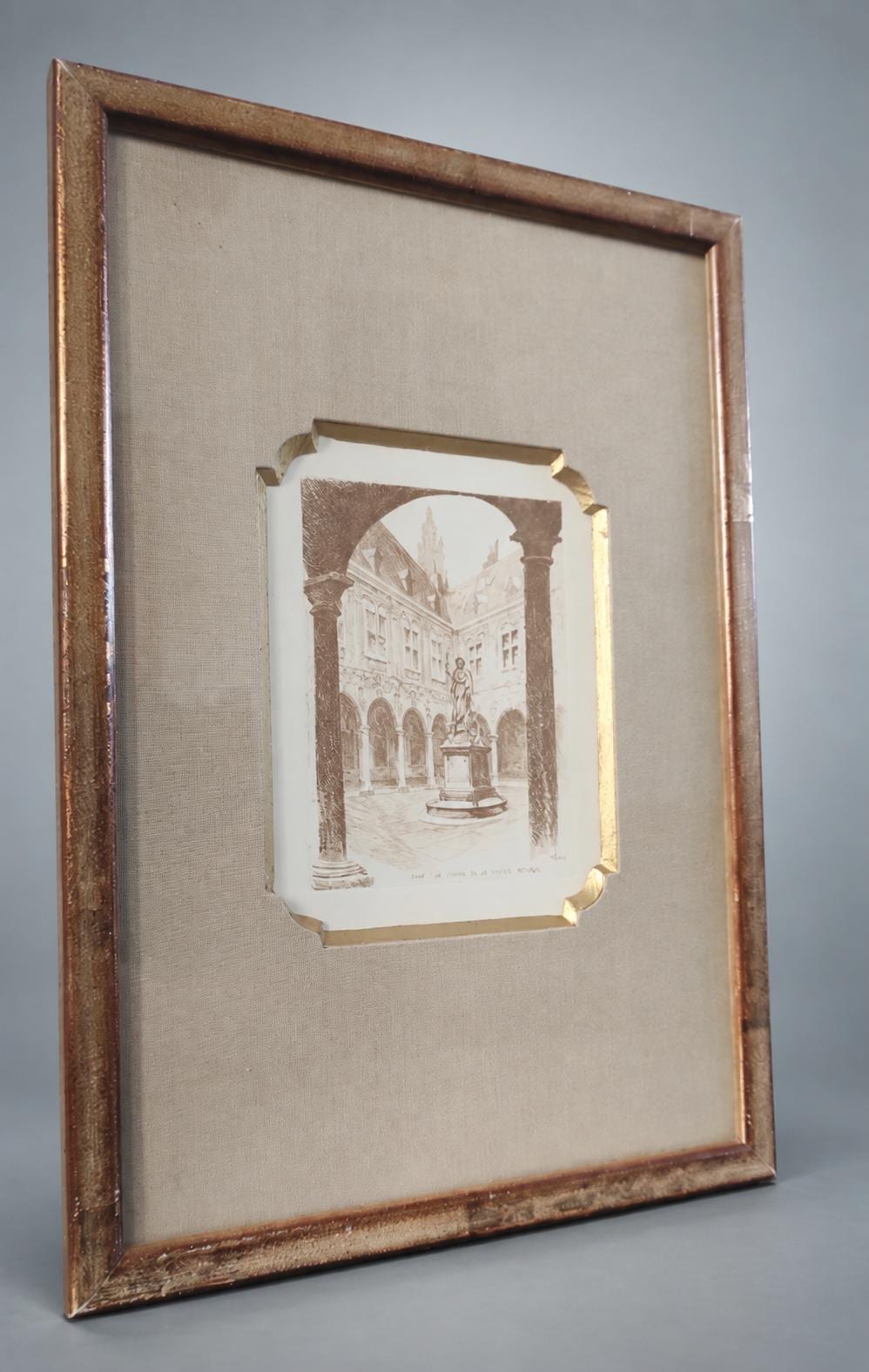 Pair of Framed Lille Prints After L. Robin, Gilt Frames with Fabric Mounts — France, 20th Century