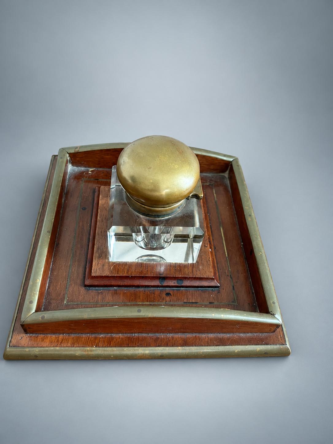 Antique Mahogany and Brass Desk Inkwell with Glass Pot — Europe, 19th Century