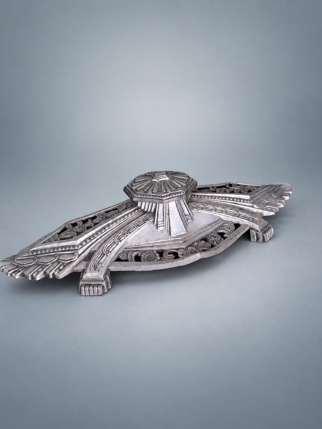 Antique French Art Deco Fan-Motif Inkwell, Geometric Silver-Tone Metal — France, circa 1930