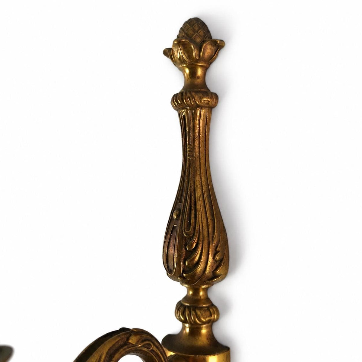 Louis XVI Style Wall Sconces Pair, Gilt Copper Single Arm Sconces with Pinecone Finials — French