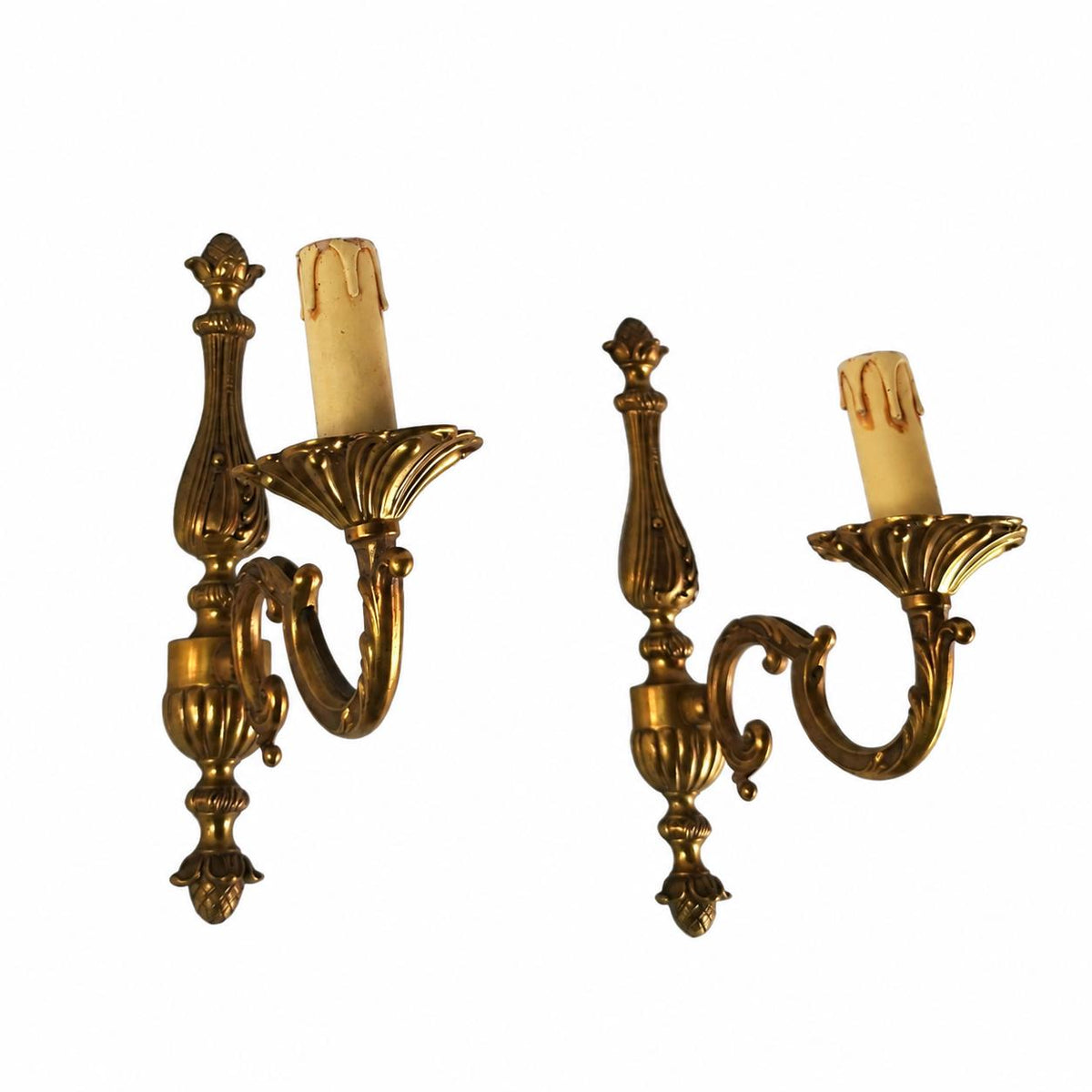 Louis XVI Style Wall Sconces Pair, Gilt Copper Single Arm Sconces with Pinecone Finials — French