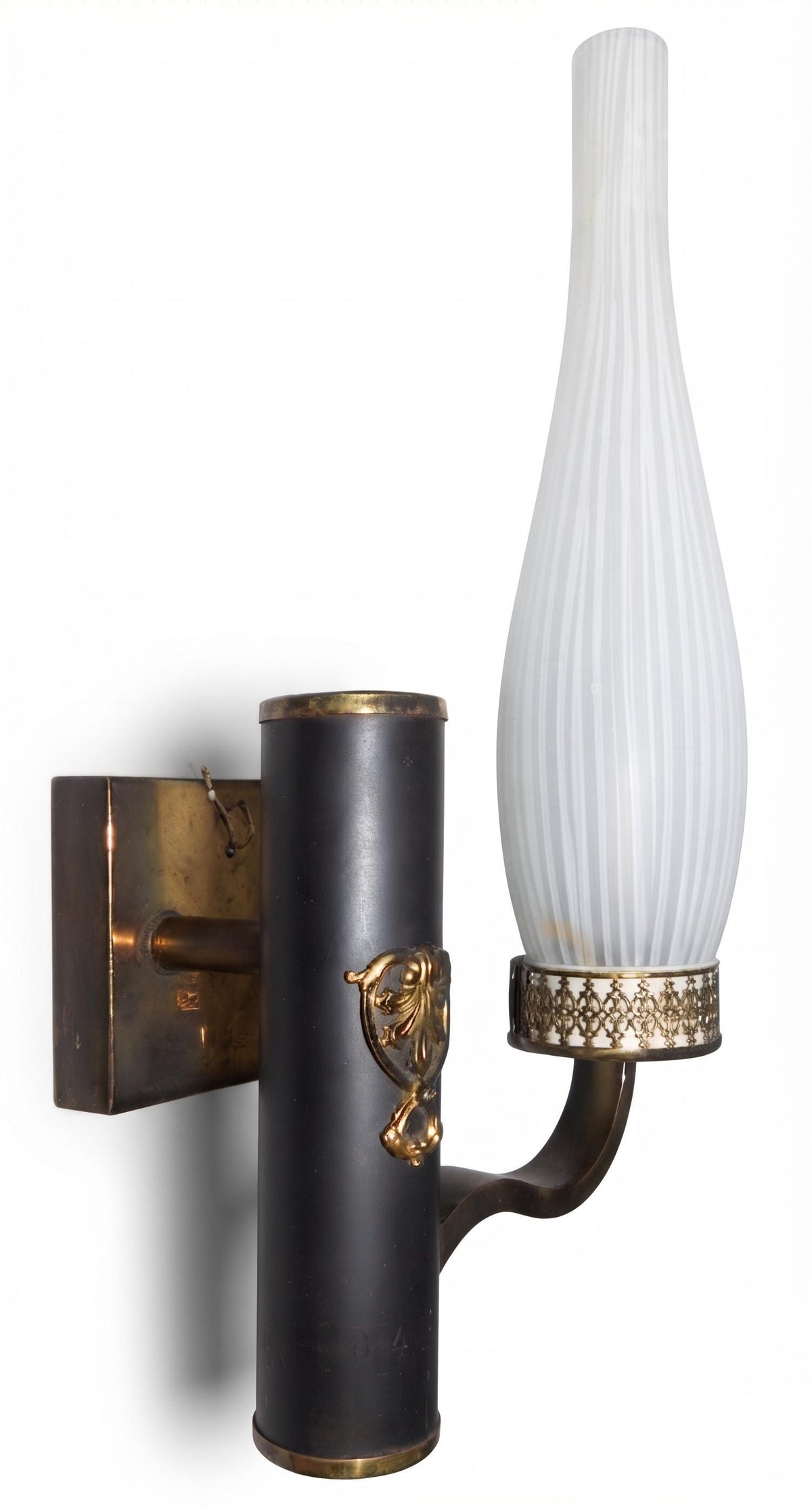 Mirrored Wall Sconces Pair, Black and Brass Sconces with Striped Frosted Glass Flames — French, 1950s–60s