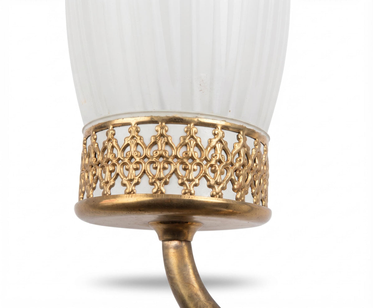 Mirrored Wall Sconces Pair, Black and Brass Sconces with Striped Frosted Glass Flames — French, 1950s–60s