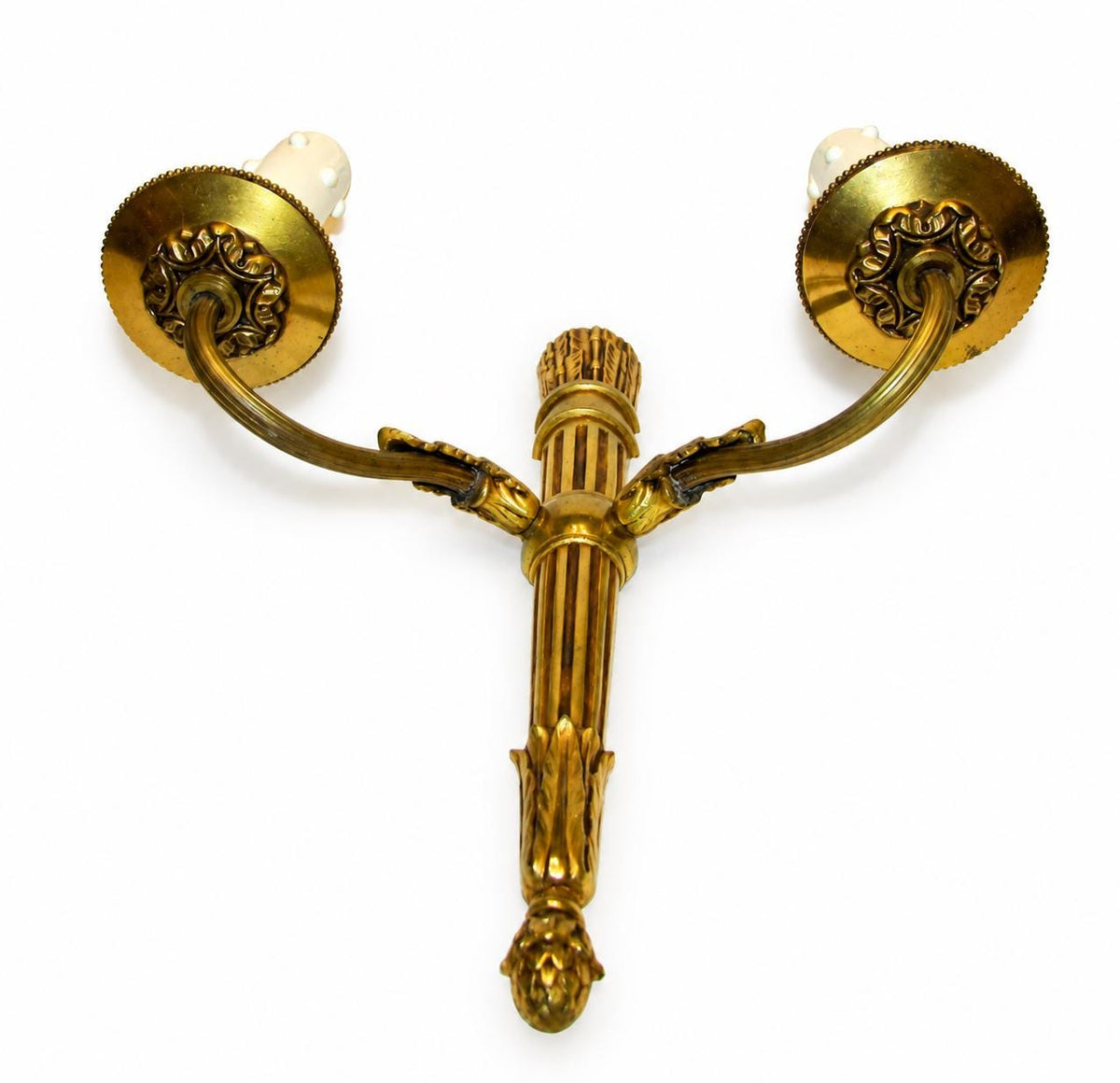 Louis XVI Style Wall Sconces Pair, Gilt Metal Quiver Sconces with Two Arms — French, 20th Century