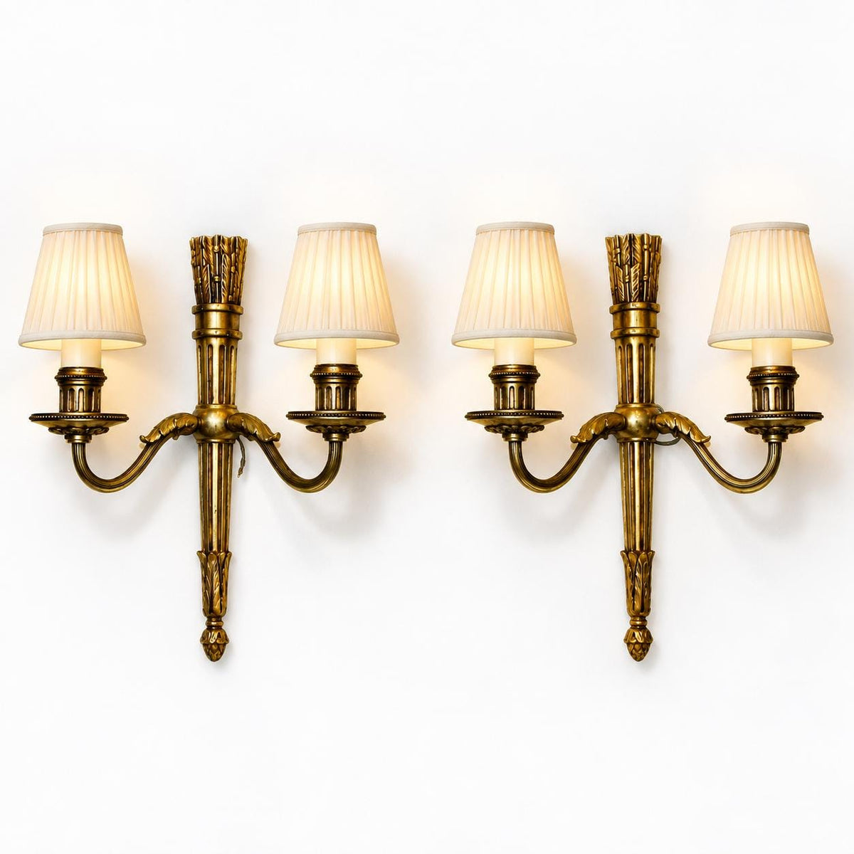 Louis XVI Style Wall Sconces Pair, Gilt Metal Quiver Sconces with Two Arms — French, 20th Century