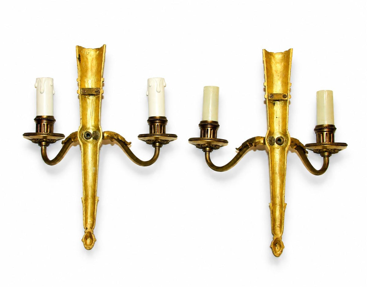 Louis XVI Style Wall Sconces Pair, Gilt Metal Quiver Sconces with Two Arms — French, 20th Century