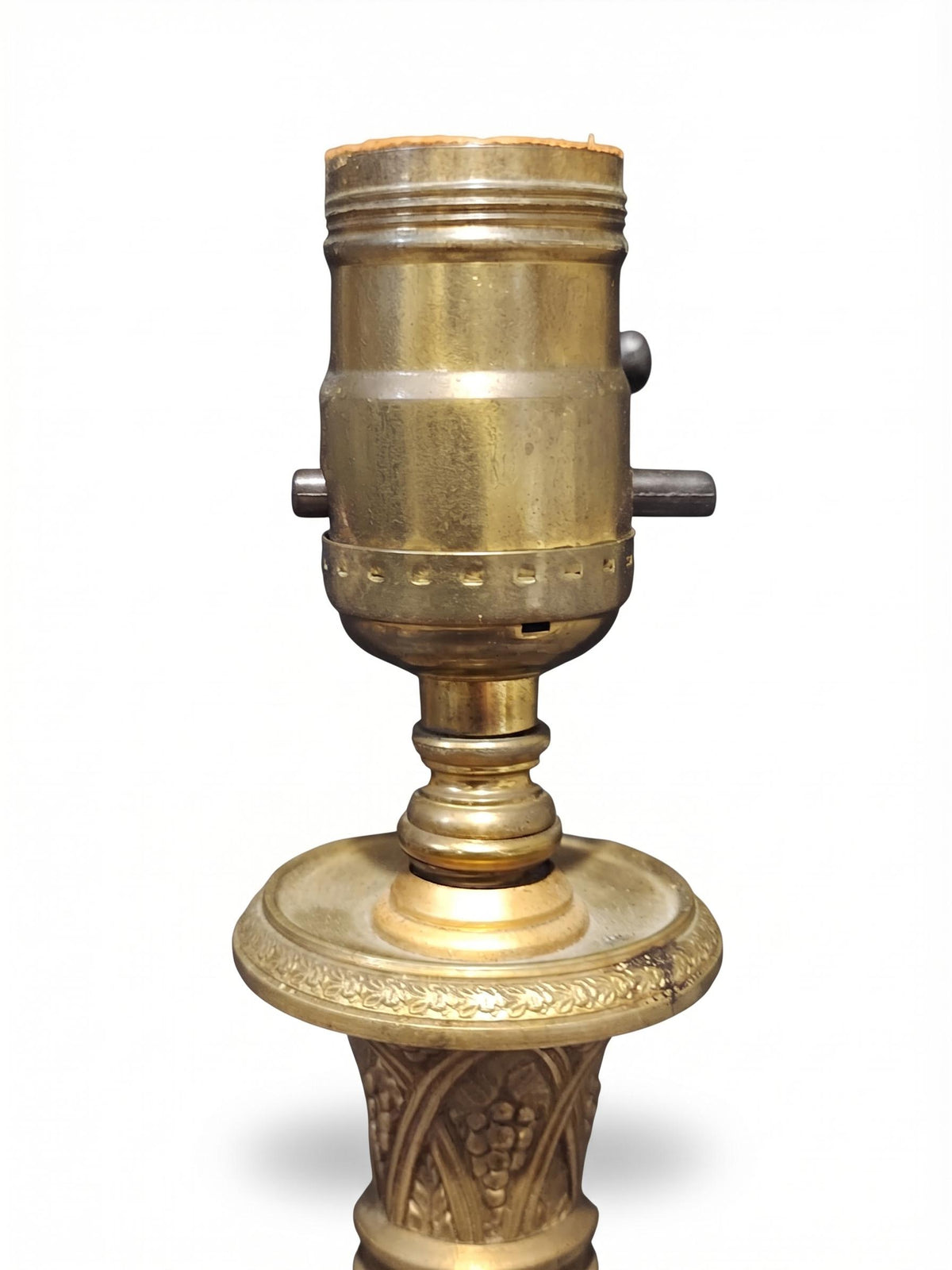 Empire Style Table Lamp, Gilt Metal and Cut Glass Column Lamp with Classical Faces on Marble — French Style