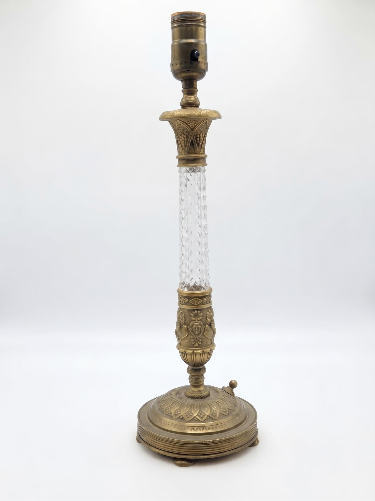 Empire Style Table Lamp, Gilt Metal and Cut Glass Column Lamp with Classical Faces on Marble — French Style