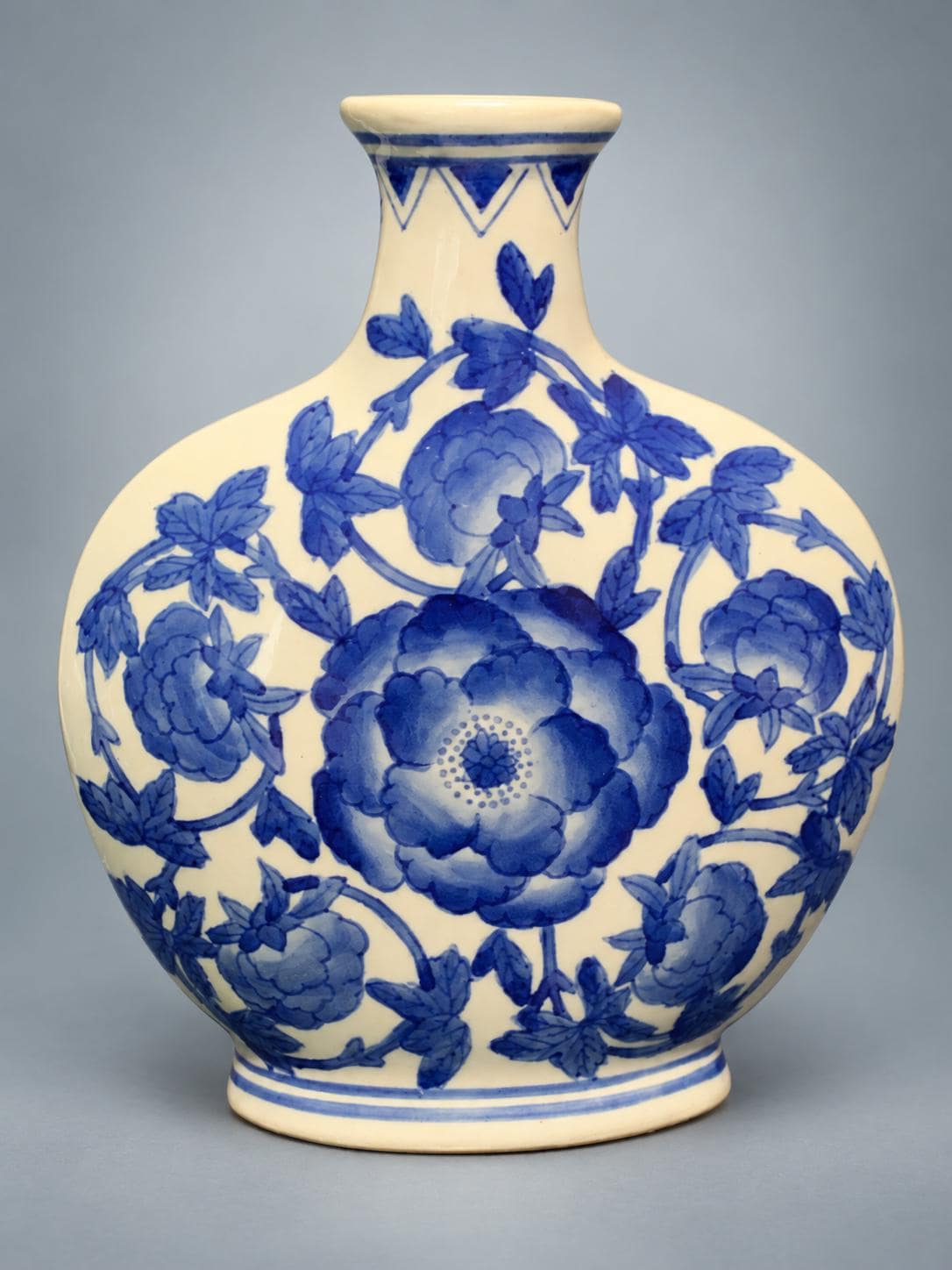 Blue and White Porcelain Vase, Peony Decoration, Marked Base — China, 20th Century