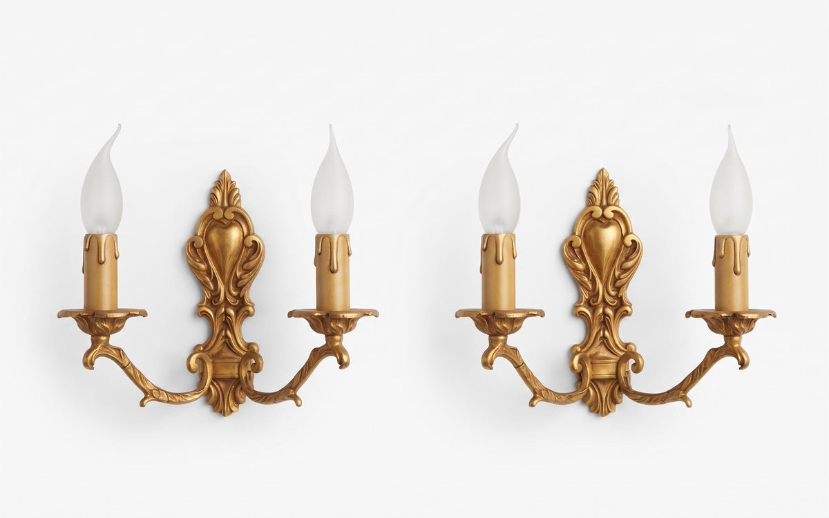 Louis XV Style Bronze Wall Sconces Pair, Rocaille Two Arm Sconces, Terras Lyon — French, 1970s–80s