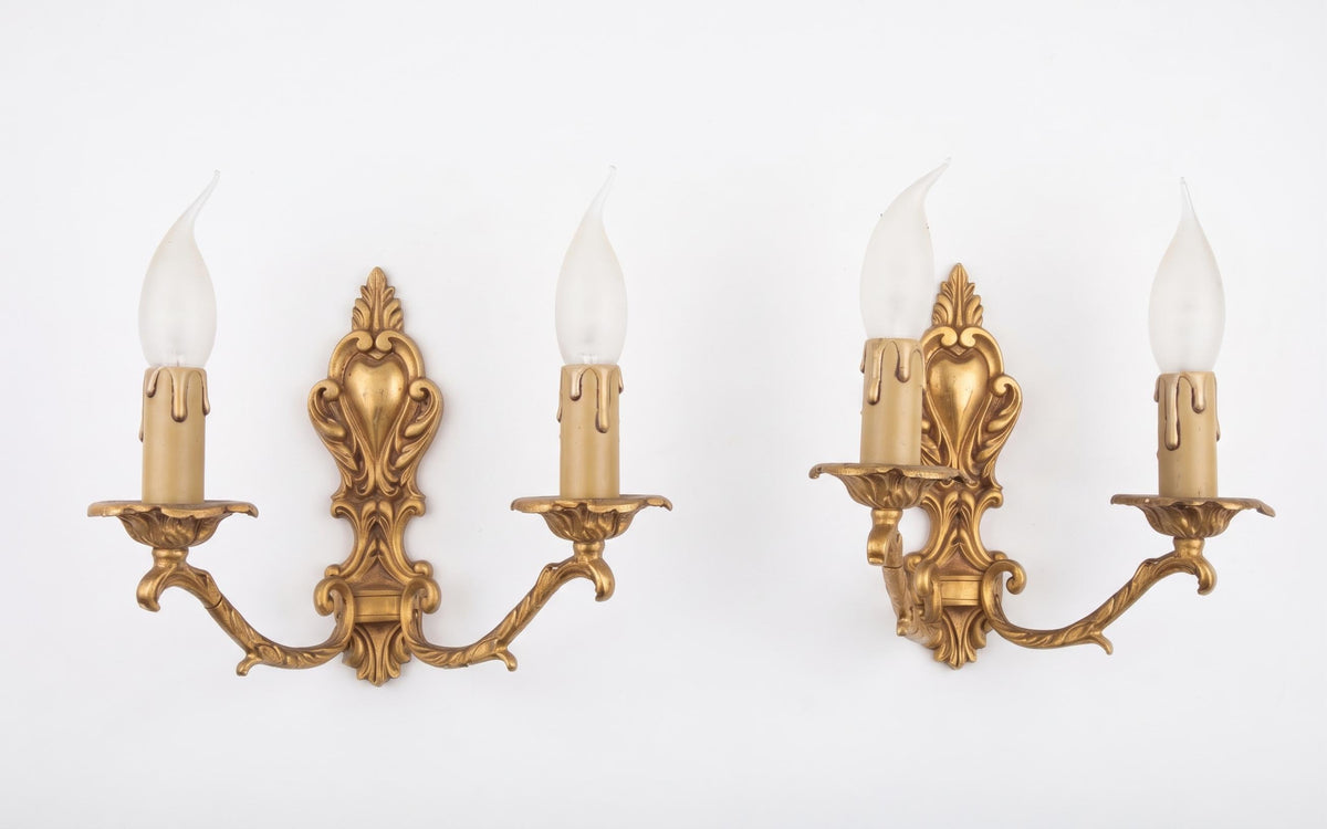 Louis XV Style Bronze Wall Sconces Pair, Rocaille Two Arm Sconces, Terras Lyon — French, 1970s–80s