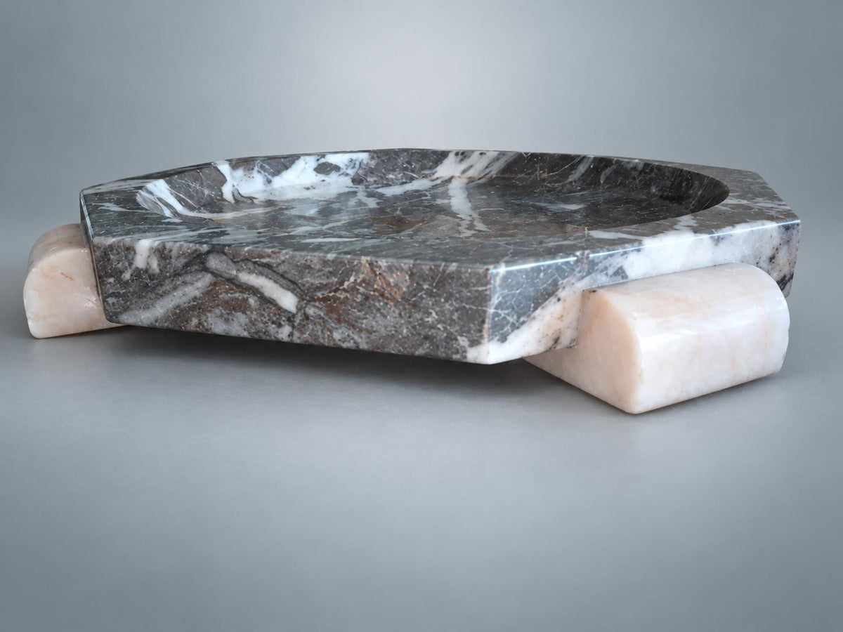 Art Deco Marble Bowl on Four Marble Feet, Grey and Cream — Europe, Vintage