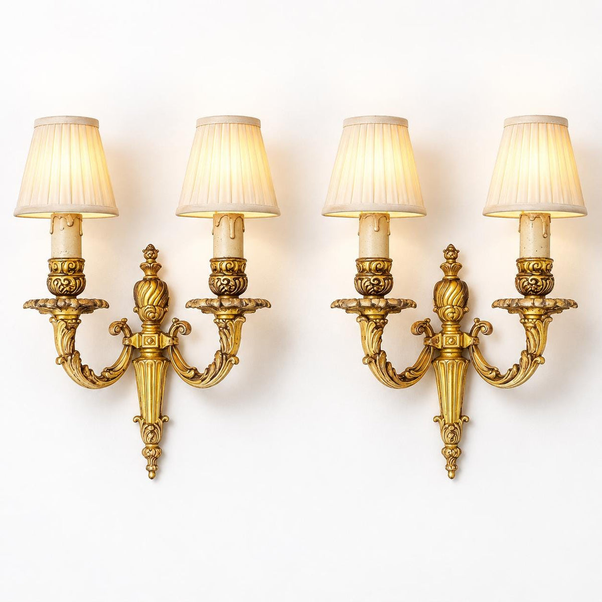 Petitot Wall Sconces Pair, Signed Louis XV Style Gilt Bronze Single Arm Sconces — French, Circa 1960