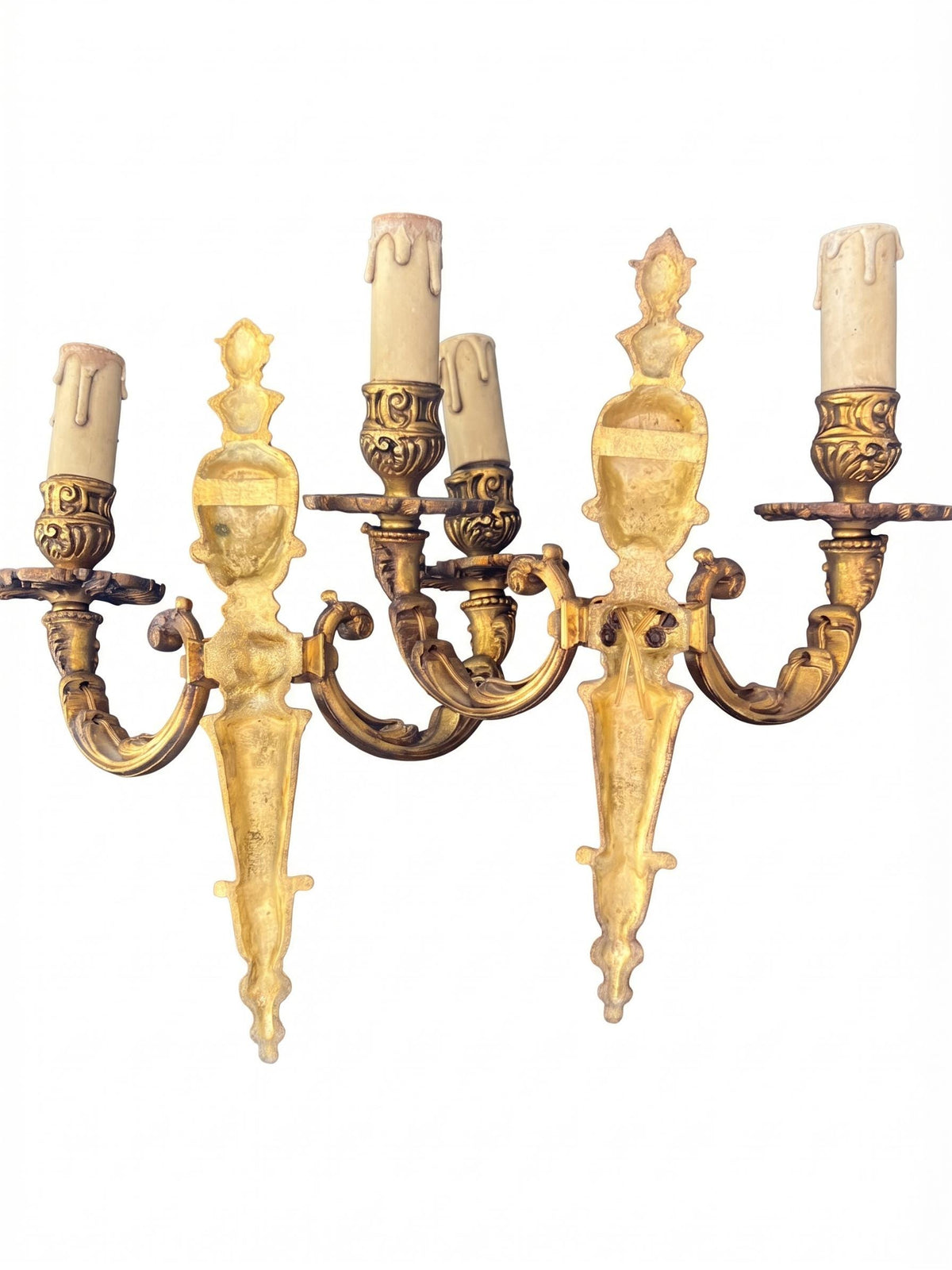 Petitot Wall Sconces Pair, Signed Louis XV Style Gilt Bronze Single Arm Sconces — French, Circa 1960
