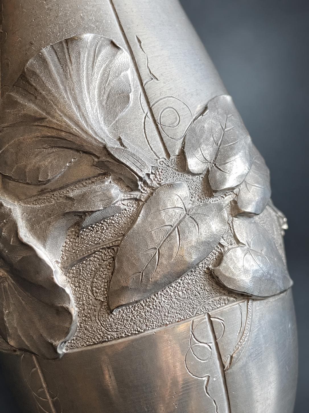 Antique Fine Pewter Vase, Signed Ermenault, Art Nouveau Leaf Relief — France, Early 20th Century