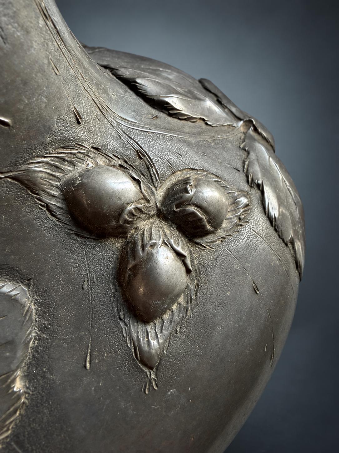 Antique Pewter Vase, Art Nouveau Organic Form with Botanical Relief — France, circa 1900