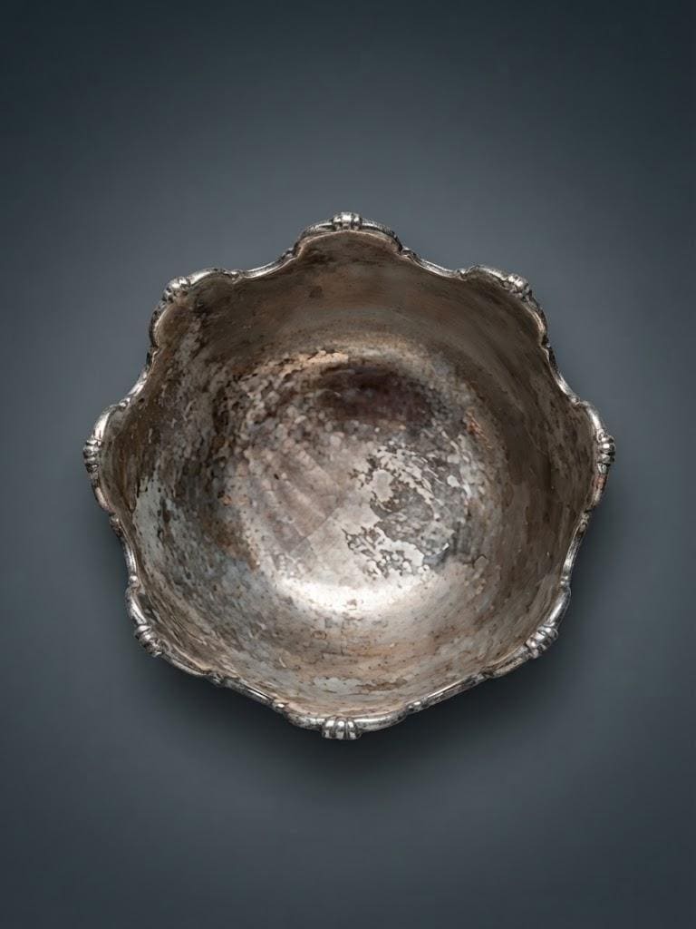 Antique Silver-Plated Bowl, Empire Style Lion Head Handles and Grapes — Europe, 19th Century