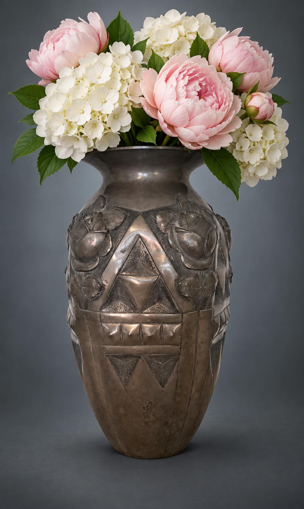 Antique French Art Deco Pewter Vase, Rose Relief, Noël Collet CID — France, 1920s-1930s