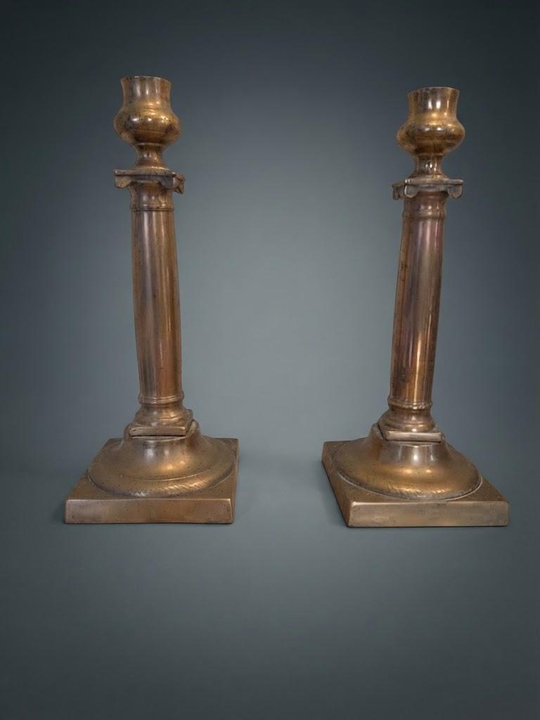 Pair of Antique Bronze Candlesticks, Louis XVI Empire Style Fluted Column — France, 19th Century