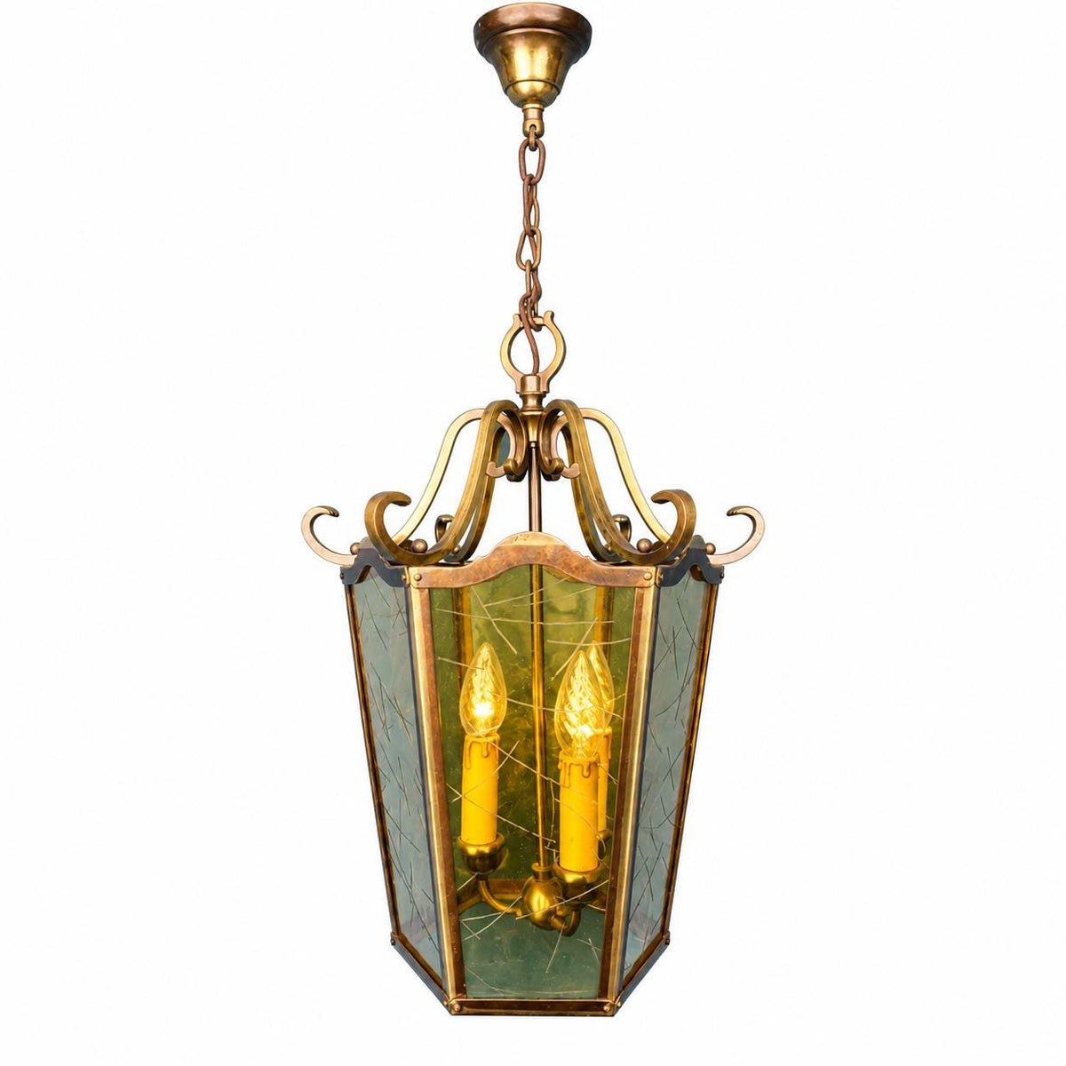 Antique French Bronze and Brass Hexagonal Hall Lantern, Glazed Ceiling Light — France, Early 20th Century