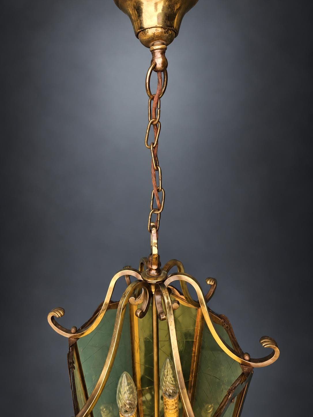 Antique French Bronze and Brass Hexagonal Hall Lantern, Glazed Ceiling Light — France, Early 20th Century