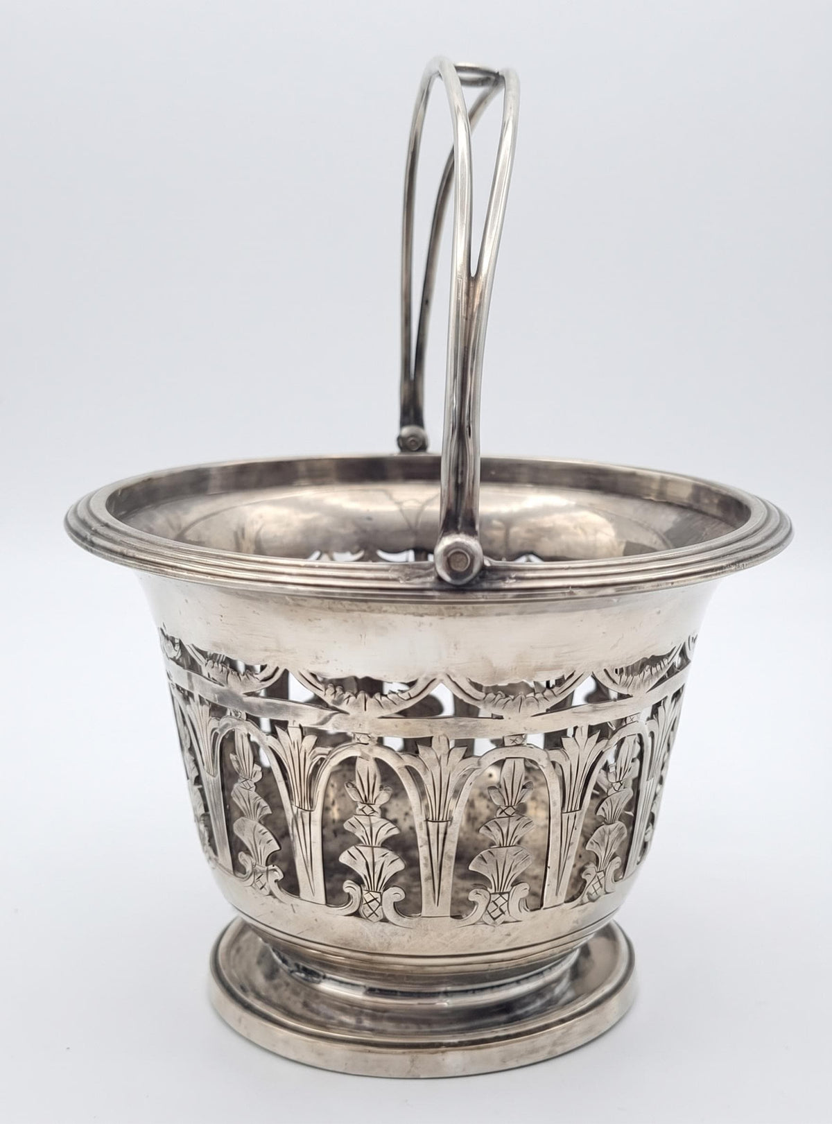 Antique French Pierced Silvered Metal Swing-Handle Basket — Openwork Sugar or Bonbon Basket, Neoclassical Arcade Decor