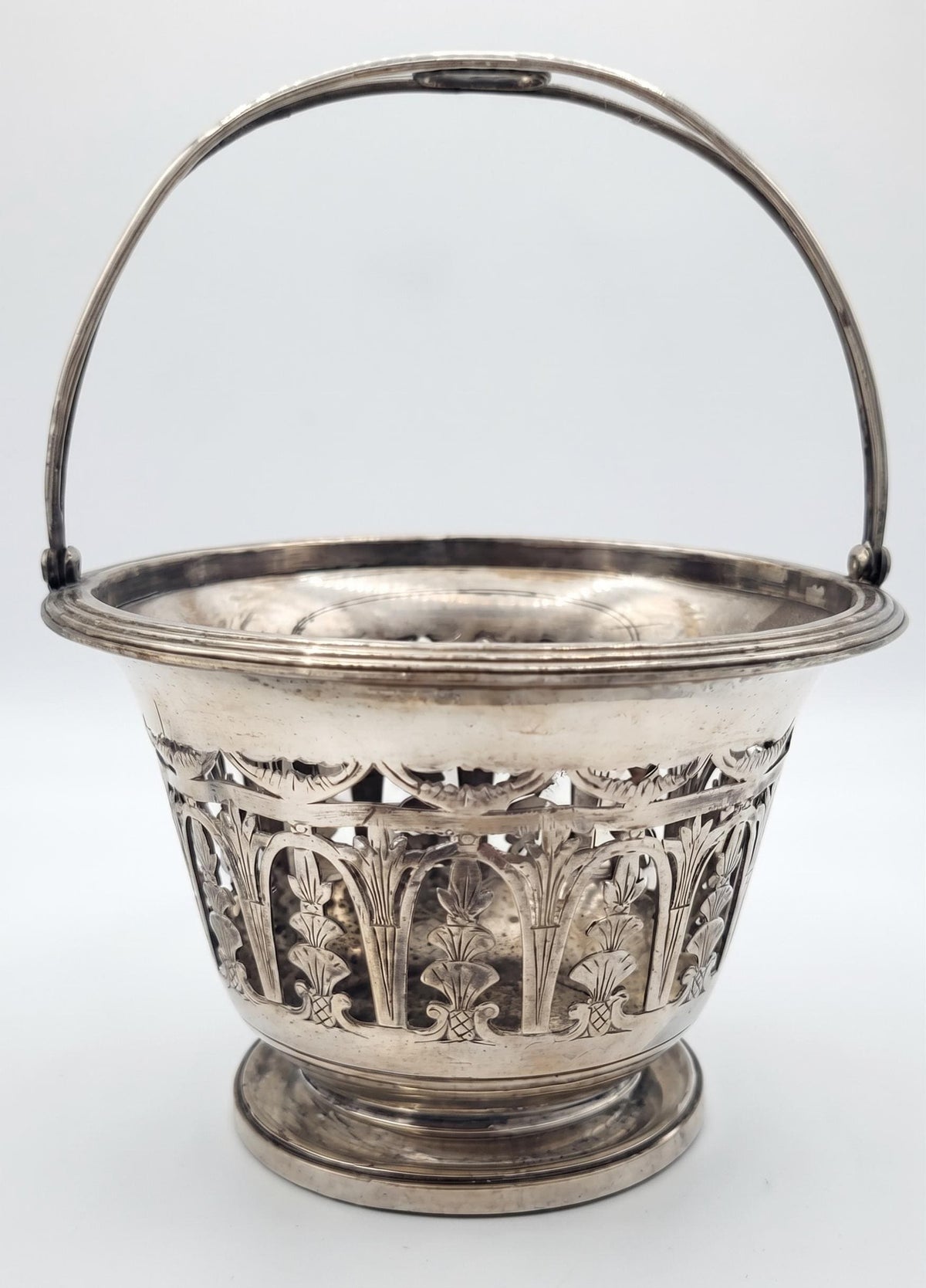 Antique French Pierced Silvered Metal Swing-Handle Basket — Openwork Sugar or Bonbon Basket, Neoclassical Arcade Decor