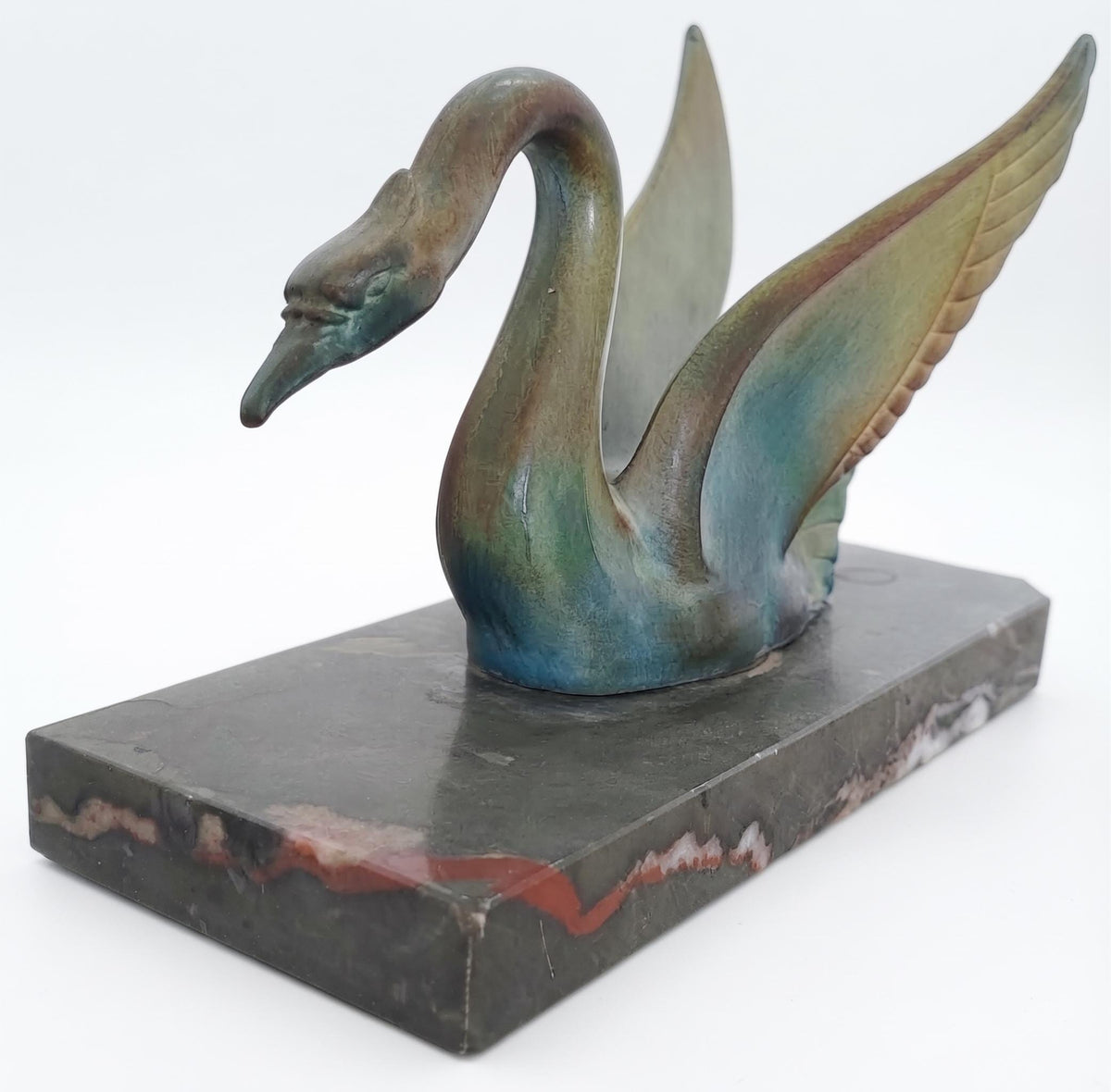 Antique French Art Deco Swan Bookends, circa 1930 — Pair of Patinated Metal Swans on Marble Bases, Stamped Made in France