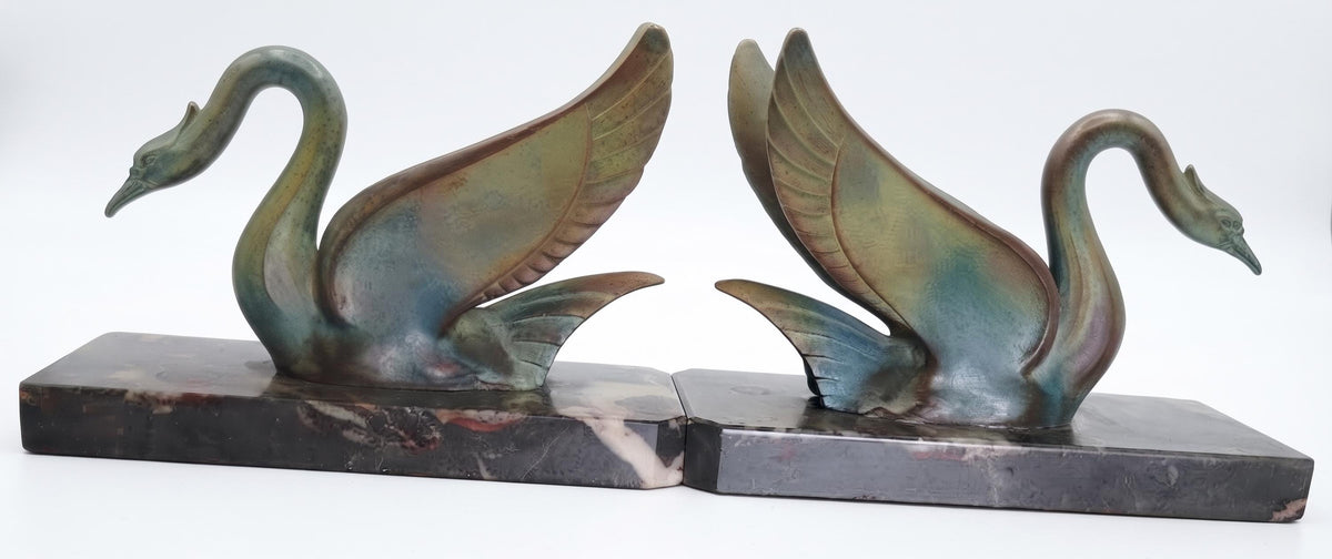 Antique French Art Deco Swan Bookends, circa 1930 — Pair of Patinated Metal Swans on Marble Bases, Stamped Made in France