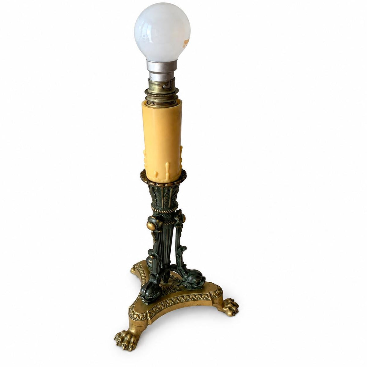 Empire-Style Patinated and Gilt Metal Table Lamp, Dolphin Tripod on Lion-Paw Base, Converted Candelabra