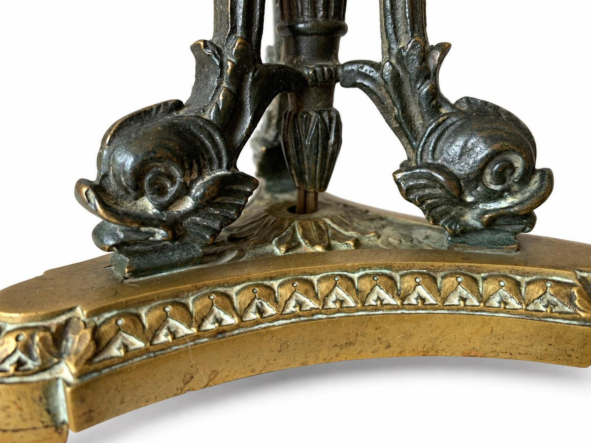 Empire-Style Patinated and Gilt Metal Table Lamp, Dolphin Tripod on Lion-Paw Base, Converted Candelabra
