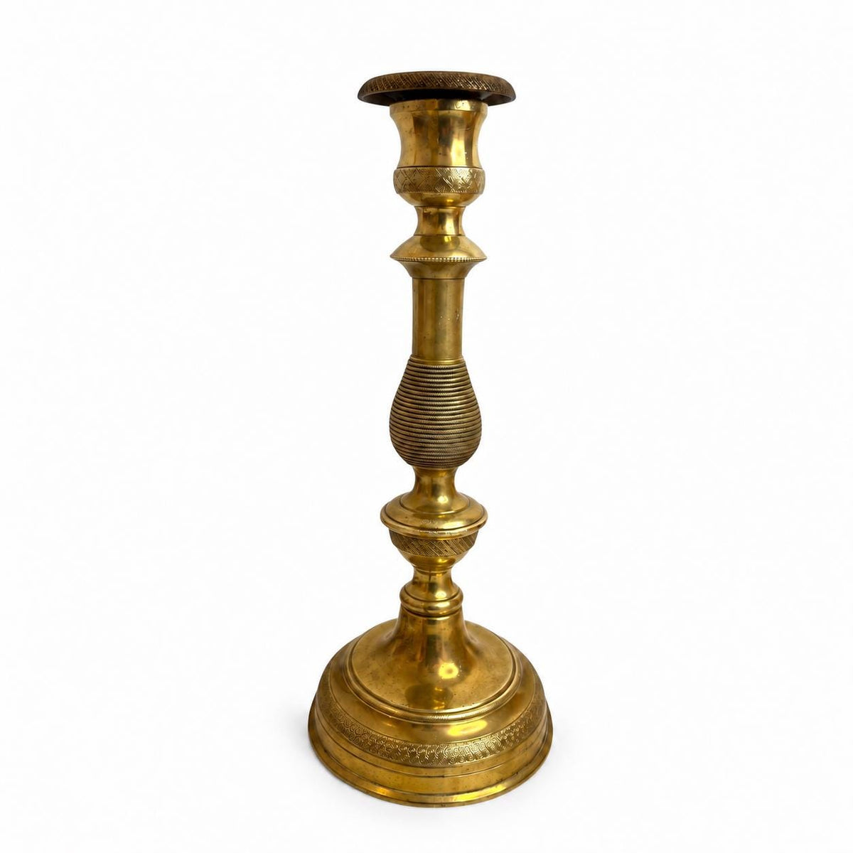 Empire-Style Gilt Metal Table Lamp, Turned and Ribbed Column, Beige Conical Shade Included