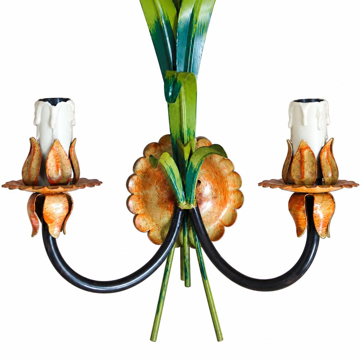 Pair of Painted Tole and Wrought Metal Wall Sconces, Floral and Foliate Two-Light Design