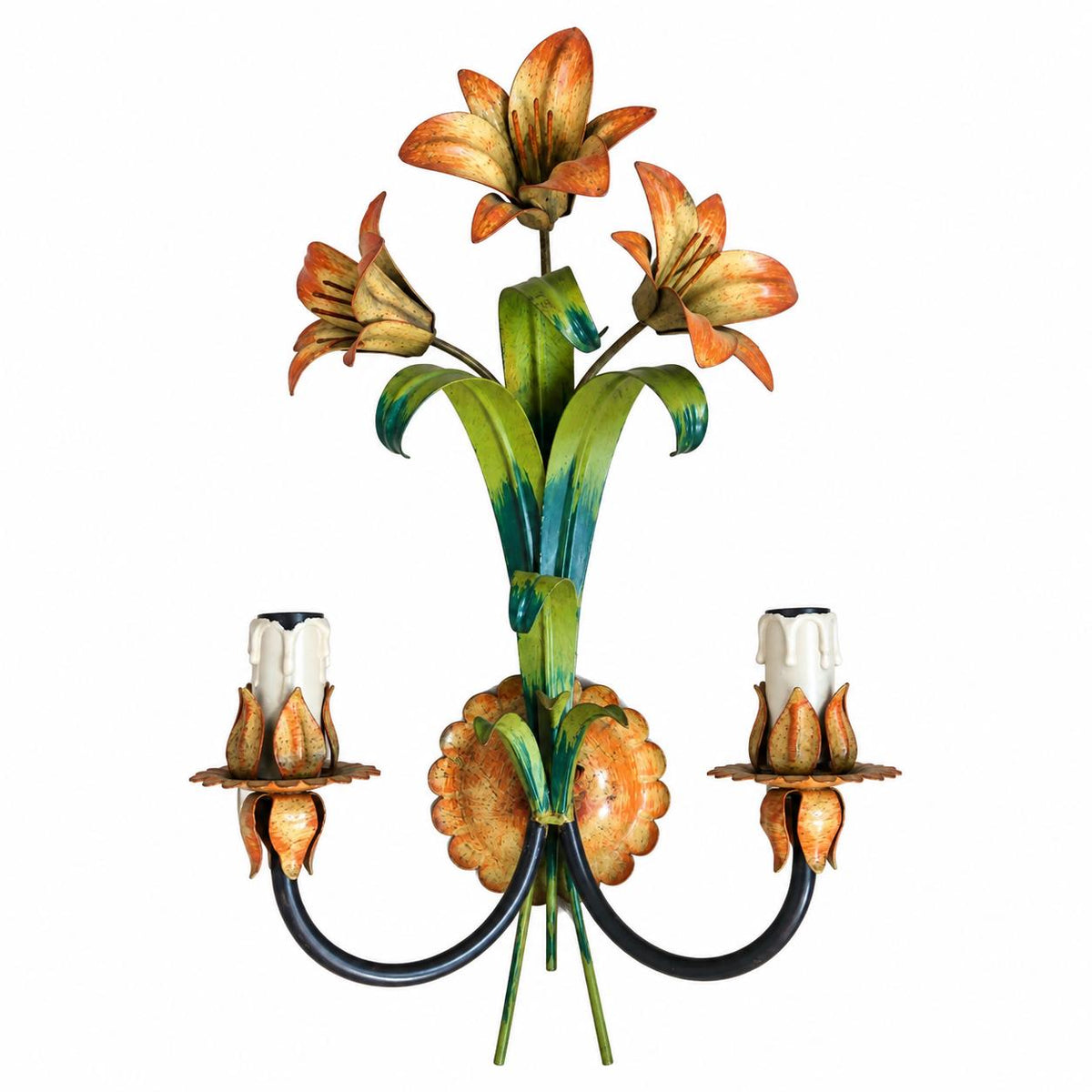Pair of Painted Tole and Wrought Metal Wall Sconces, Floral and Foliate Two-Light Design