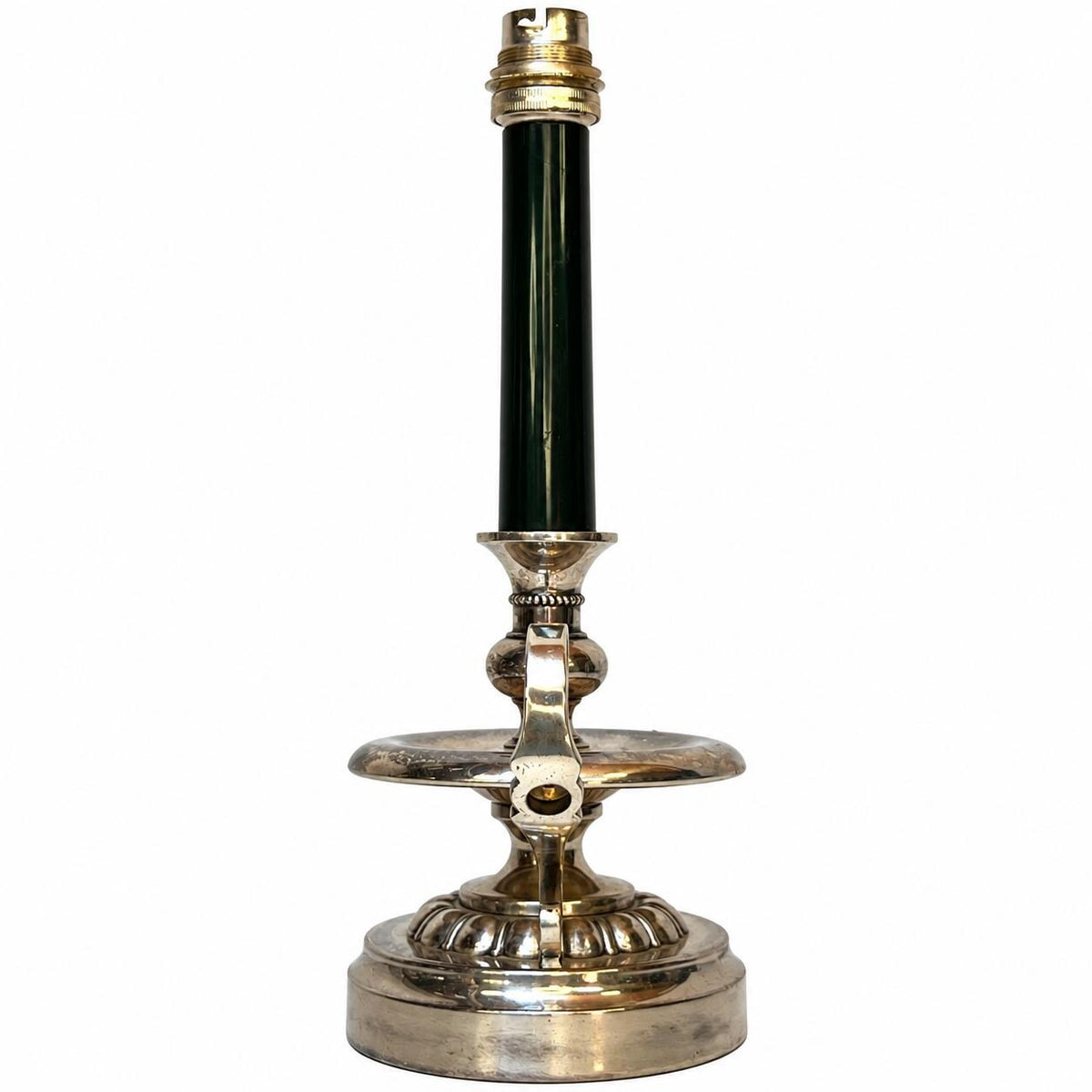 Silvered Metal Candlestick-Form Table Lamp, Scrolled Handle, Beaded and Gadrooned Detail