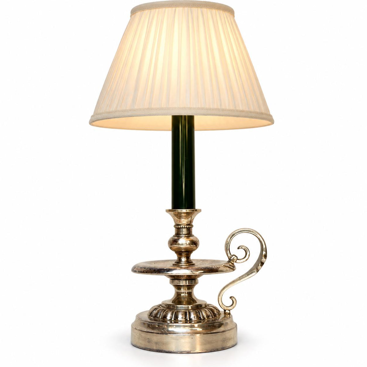 Silvered Metal Candlestick-Form Table Lamp, Scrolled Handle, Beaded and Gadrooned Detail