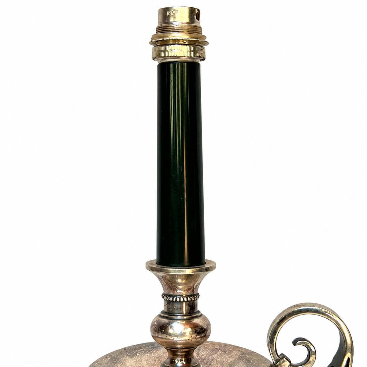 Silvered Metal Candlestick-Form Table Lamp, Scrolled Handle, Beaded and Gadrooned Detail