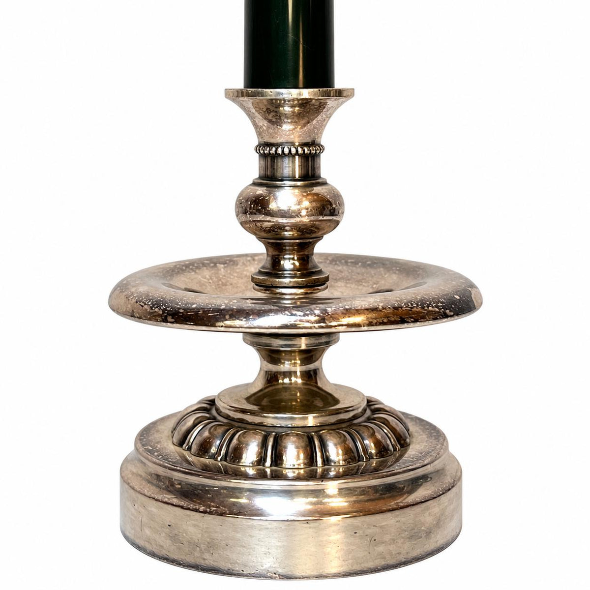 Silvered Metal Candlestick-Form Table Lamp, Scrolled Handle, Beaded and Gadrooned Detail
