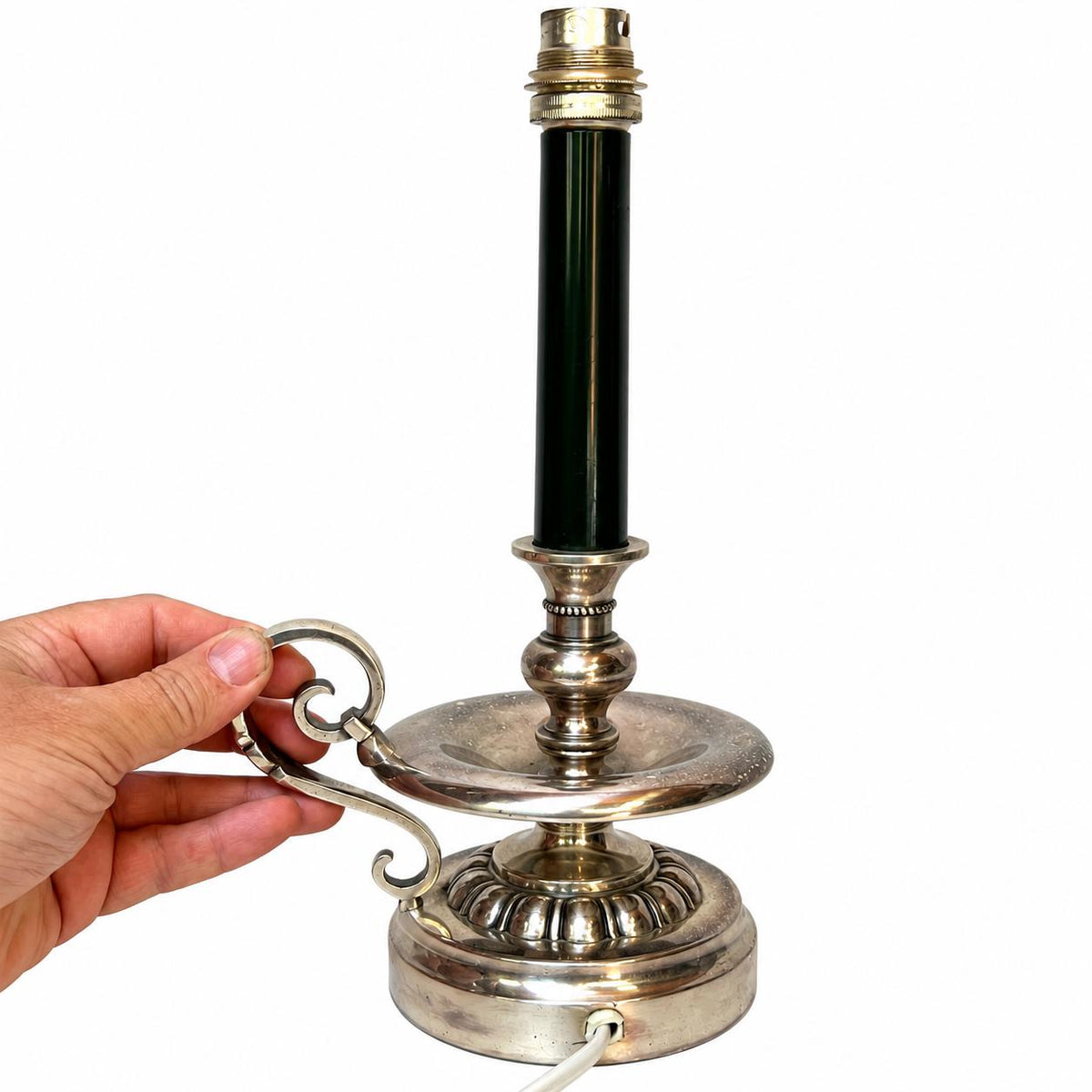 Silvered Metal Candlestick-Form Table Lamp, Scrolled Handle, Beaded and Gadrooned Detail