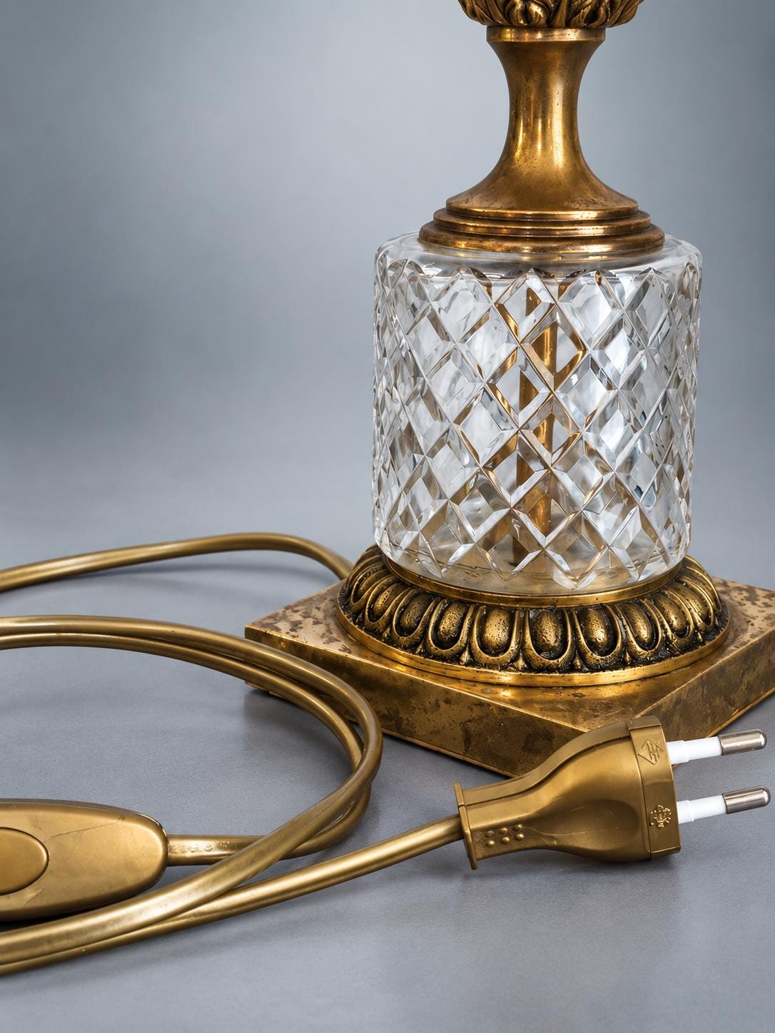 Vintage French Cut Crystal and Gilt Bronze Table Lamp Base, Neoclassical Style — France, circa 1950-1970