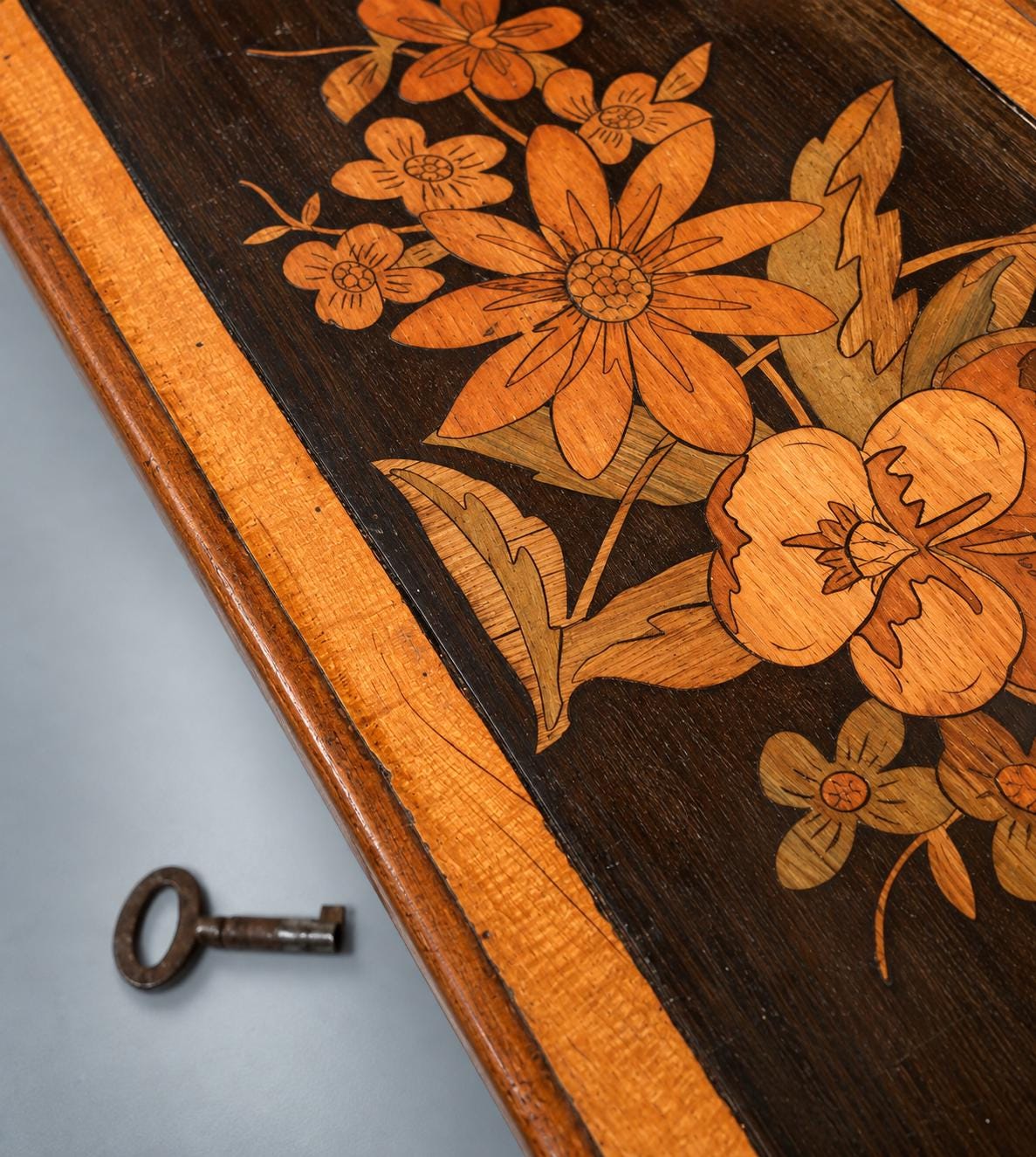 Antique French Marquetry Wood Glove Box, Floral Inlay, Napoleon III Louis Philippe Style — France, 19th Century